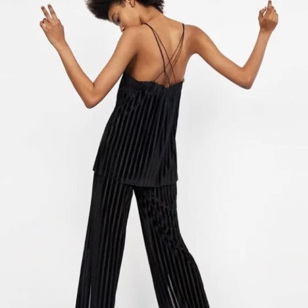 Zara NWT Trafaluc Party Velvet Striped Triple Thin Strap Semi Sheer Tank - Picture 2 of 13